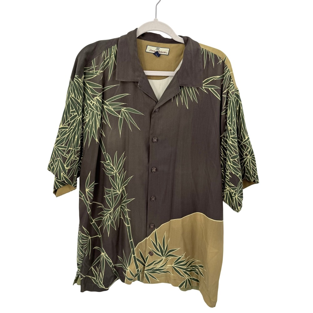 Tommy Bahama Mens Large Silk Bamboo Print Camp Shirt Brown Herringbone Short Slv